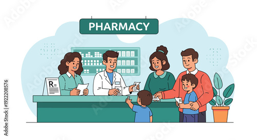 Professional pharmacists serving a family with children at the counter of a modern, well-stocked pharmacy.