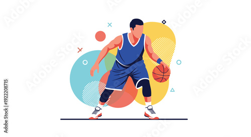 Talented basketball player in a blue uniform dribbling a ball fast against a vibrant abstract colorful background.