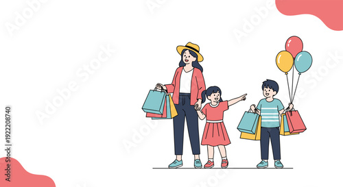 Happy mother and her two children carrying colorful shopping bags and balloons against a clean white background.