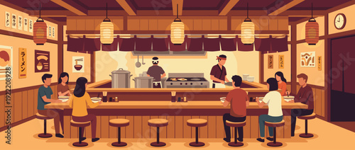 Flat Vector Illustration of a Traditional Japanese Ramen Shop Interior with Customers Eating at a Wooden Counter, Chefs Cooking in an Open Kitchen, Warm Lantern Lighting, and Cozy Atmosphere