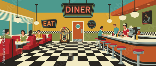Retro 1950s diner interior flat vector illustration featuring checkered floor, neon signs, jukebox, red booths, and customers being served by a waitress at the counter in a vintage cafe.