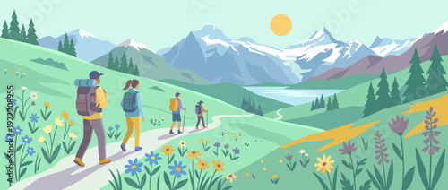 Flat vector illustration of a family hiking on a mountain trail through alpine meadows filled with colorful wildflowers, with snow-capped peaks, a serene lake, and a bright sun in the background.