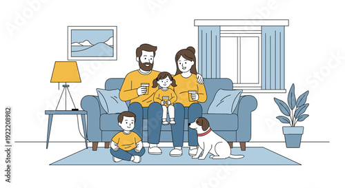 Happy family of four including parents and two children sits together on a blue sofa in their cozy living room with their pet dog.