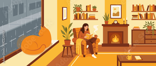 Cozy Rainy Day Flat Vector Illustration of a Woman Reading a Book in an Armchair by a Fireplace with a Ginger Cat on the Windowsill, Warm Home Interior with Bookshelves and Potted Green Plants.