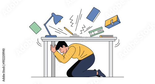 Cautious man hides under a sturdy table for protection during an earthquake while books and a lamp fall from the desk surface.