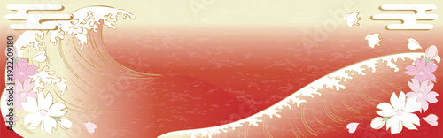 桜と波の浮世絵風バナー背景セット。日本画、版画、赤・金の和風フレーム