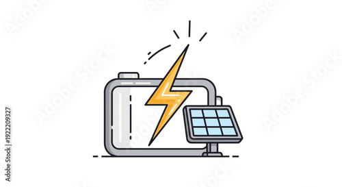 Large battery with a lightning bolt symbol actively charging from a small solar panel setup, Generative AI.