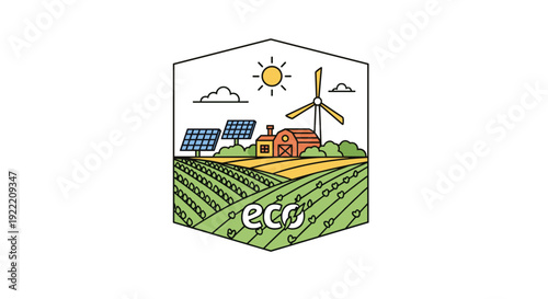 Hexagonal emblem showing rural landscape with solar panels wind turbine barn fields sun and eco text, Generative AI.