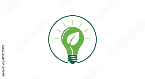 Bright green lightbulb with a fresh leaf inside radiating light within a circular border symbolizing eco-friendly energy, Generative AI.