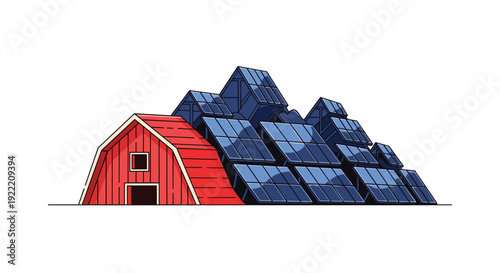 Traditional red barn with a significant array of solar panels integrated directly onto its roof for capturing sunlight, Generative AI.