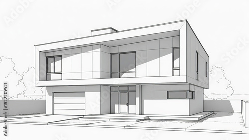Drawing of a beautiful modern private house in line art style.