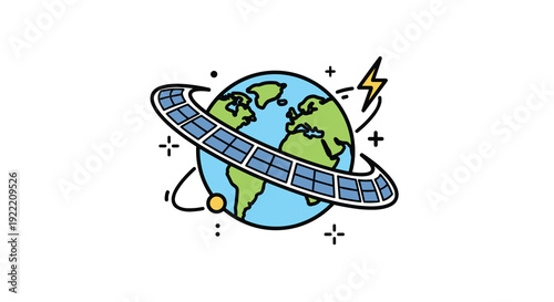 Cartoon Earth with a ring of solar panels orbiting its equator symbolizing global renewable energy and sustainable power, Generative AI.