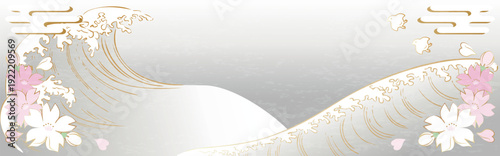 桜と波の浮世絵風バナー背景セット。日本画、版画、銀色・白の和風フレーム