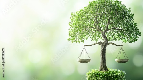 A symbolic tree with scales of justice hanging from a branch, representing environmental law and ecological balance.