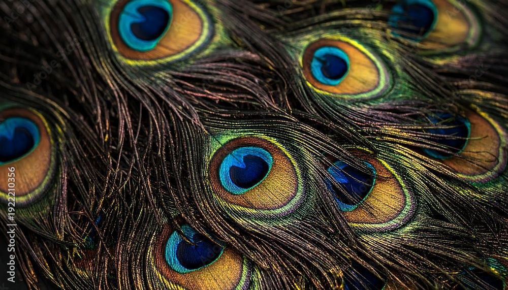 Fototapeta premium Vibrant peacock feathers showcase colorful eyespots in detailed close-up