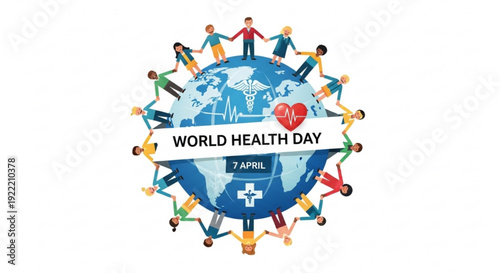 World health day illustration with diverse people around the globe and a red heart symbolizing healthcare and wellness on april 7th