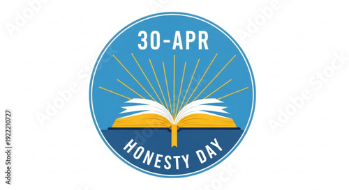 Honesty day logo with open book and sunburst on blue background symbolizing truth and integrity on april 30th