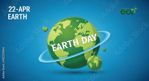 Earth day globe with orbiting rings on blue background symbolizing environmental awareness and sustainability on april 22nd