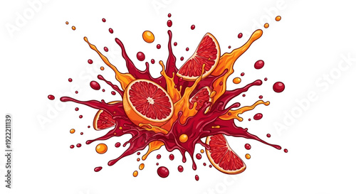Freshly cut blood oranges exploding in a vibrant splash of juice and pulp, viewed from directly above in a dynamic illustration