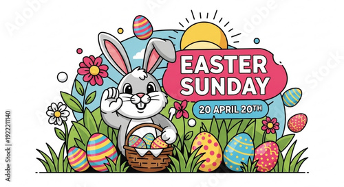 Easter sunday bunny with colorful eggs and basket in grassy field with flowers