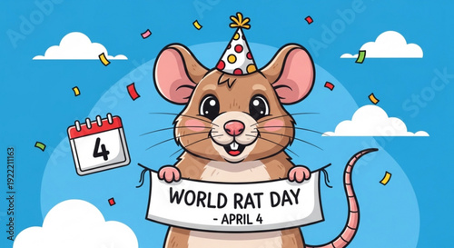 Cartoon rat celebrates world rat day on april 4 with a party hat and confetti