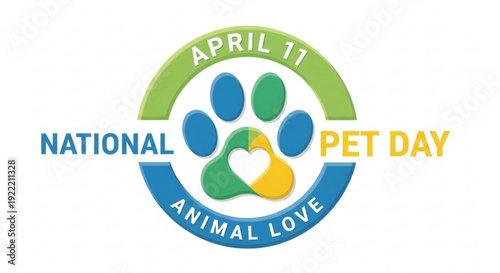 National pet day logo with paw print and heart on april 11 celebrating animal love and pets