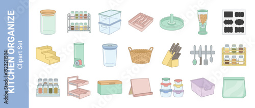Vector Icon Set of 20 Kitchen Organization and Pantry Storage Items in Flat Design and Pastel Colors, Featuring Spice Racks, Food Containers, Glass Jars, Bins, Shelves, and Home Storage Solutions.
