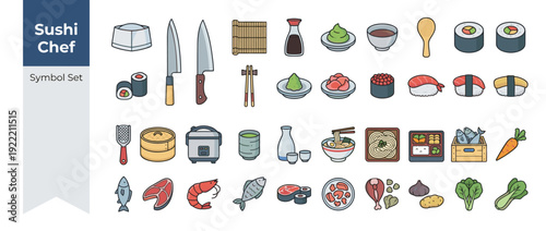 Vector Icon Set of 40 Sushi Chef and Japanese Cuisine Tools in Flat Design. Includes Sushi Rolls, Nigiri, Ramen, Bento Box, Rice Cooker, Chef Knives, Wasabi, Ginger, Seafood, and Kitchen Utensils.