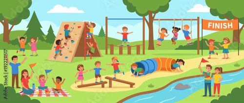 Vibrant flat vector illustration of children active in an outdoor obstacle course at a park featuring a climbing wall, tunnel, rope swings, and balance beams with cheering families and a picnic.
