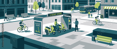 Flat vector illustration of a modern electric scooter sharing station in a city plaza. Sustainable urban micro-mobility concept featuring people, bicycles, and a bus in a teal color scheme.