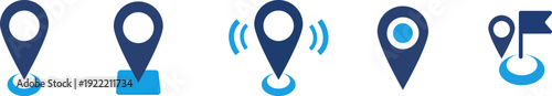A diverse collection of various blue location pin map icons for navigation and global positioning system