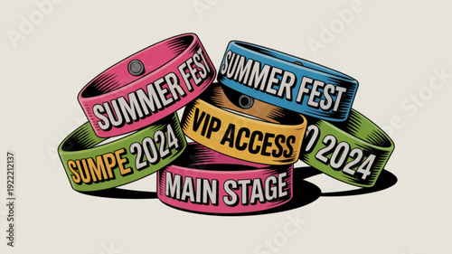 Colorful summer fest wristbands with vip access and main stage passes for music festival