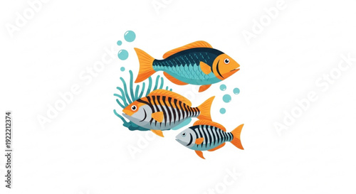 Three colorful tropical fish swimming together underwater with seaweed and bubbles