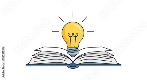 A bright yellow lightbulb sits atop an open book with white pages and blue cover symbolizing ideas and learning on a plain white background