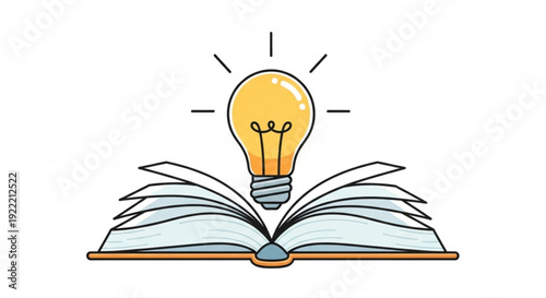 Open book with glowing lightbulb on top symbolizing knowledge and inspiration for education and creativity