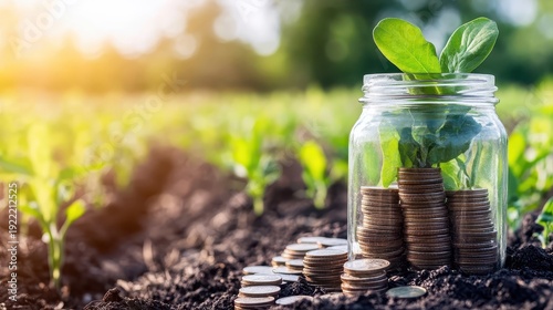 Coins in a glass jar with a plant growing from them on soil, symbolizing financial growth and investment in rural agriculture.