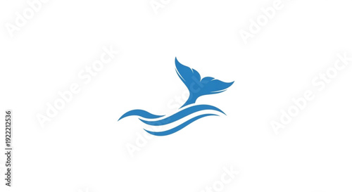 Blue whale tail jumping out of wavy ocean water in minimalist style