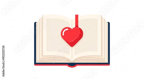 Open book with red heart bookmark symbolizing love for reading on white background with colorful pages