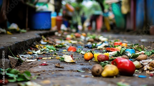 Discarded food waste and colorful produce scattered across the ground outside a busy urban market, revealing the aftermath of commerce.