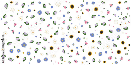 A vibrant and delightful pattern featuring a diverse collection of small, colorful wildflowers scattered across a clean white background, perfect for decorative use