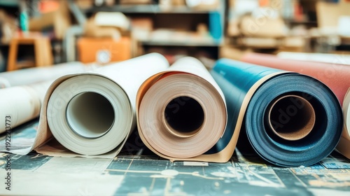 Rows of paper and vinyl material rolls stacked in a printing and crafting production facility