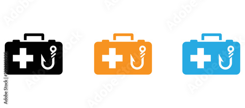 Three medical first aid kits with anchor symbols in different colors isolated on transparent background, Vector