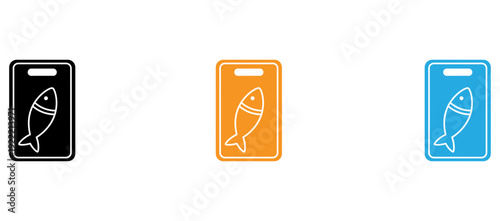 Three differently colored fish-shaped bottle or container caps with icons isolated on transparent background, Vector