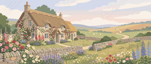 Idyllic flat vector illustration of a traditional English cottage with a thatched roof and stone walls, surrounded by a blooming garden of roses and lavender in a scenic rolling countryside.