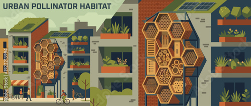 Flat vector illustration of a modern urban pollinator habitat with bee hotels on building facades, green roofs, solar panels, and balcony gardens in a sustainable eco-friendly city environment.