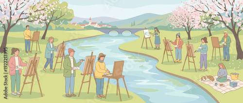 Flat Vector Illustration of People in a Spring Outdoor Watercolor Painting Class with Easels by a Scenic River, Cherry Blossom Trees, a Distant Village, and a Girl Having a Picnic with Her Dog.