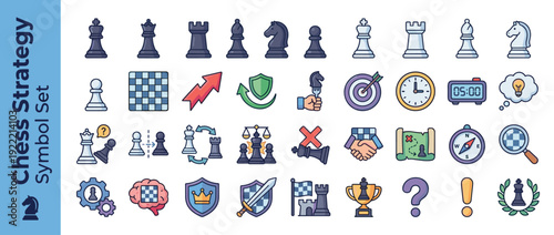 Chess Strategy Icon Set: 40 Flat Vector Symbols Including King, Queen, Rook, Bishop, Knight, Pawn, Chessboard, Clock, Trophy, and Tactical Elements for Game Design, Education, and Competition.