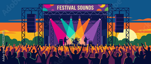 Vibrant Outdoor Music Festival Stage Illustration with Band Performing Under Colorful Spotlights, Cheering Crowd Silhouettes, and a Beautiful Sunset Sky Background for Summer Live Events.