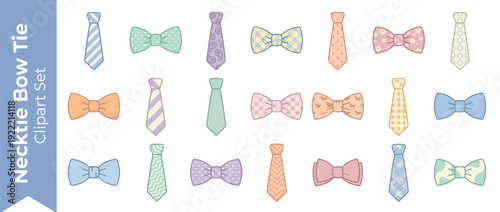 Vector Icon Set of 20 Necktie and Bow Tie Clipart Items in Flat Design with Pastel Colors and Patterns like Stripes, Polka Dots, Paisley, Plaid, and Floral for Fashion, Business, and Wedding Decor