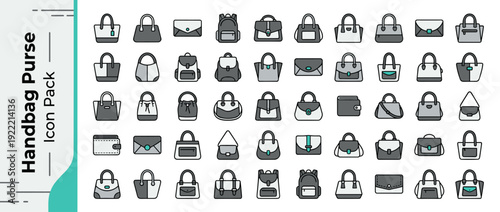 Vector Icon Set of 36 Handbag and Purse Variety Items in Flat Design. Clean Monochrome Style with Teal Accents. Collection of Fashion Accessories including Tote, Backpack, Clutch, and Wallet.